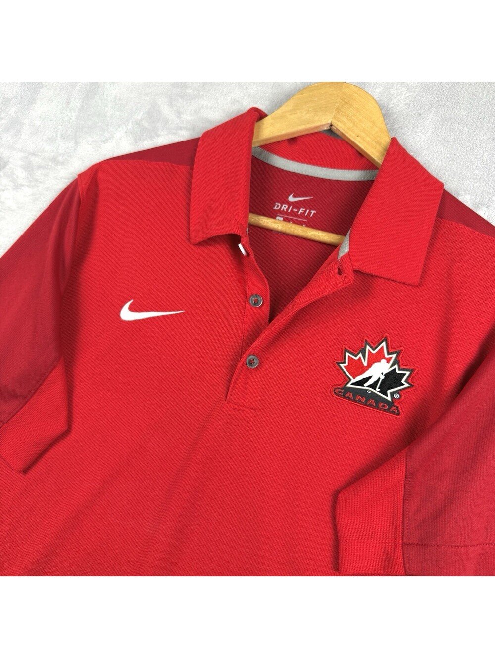 Nike Team Canada Hockey Polo Shirt Mens Medium Red Dri Fit Olympic Athletic Fan